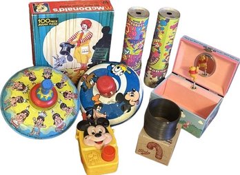 Vintage Toys Including Slinky, And Original Box, Winnie The Poo Music Box, Kaleidoscopes, Mickey Mouse Radio