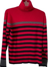 Liz Claiborne Turtleneck. Red With Black And Gray Stripes. Size Large Petite.