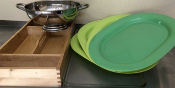 Wood Tray, Silver Strainer, Glass Tray, 4 Plastic Trays