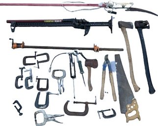 Tool Collection Including Splitting Axes, Hand Saws, Caulking Fun, Tons Of Clamps, Branch Trimmer, And More!
