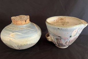 Pottery Pitcher & Vessel With Cork Lid.