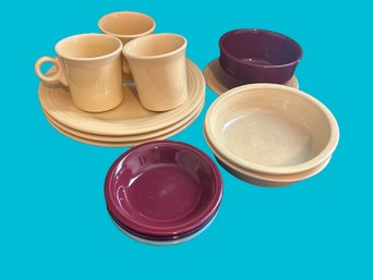 Fiesta Ware- 3 Dinner Plates (10.5), 1 Salad(7in), 2 Bowls(7x7x2), 3 Mugs(3.5), 3 Dessert Plates (5x5x1), 1