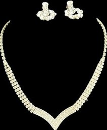 Silvertone Rhinestone Earrings And Necklace