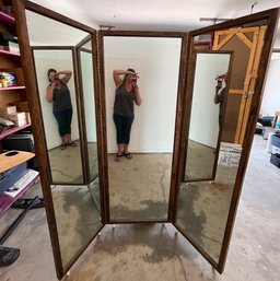 3 Panel, Hinged Dressing Mirror On Rollers 70' High & 26' Center Panel, 20' Side Panels