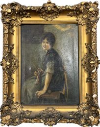 Early Painting On Canvas Portrait Of A Woman In Gold Brass Frame, 13.5L X 2.5W X 16.5H