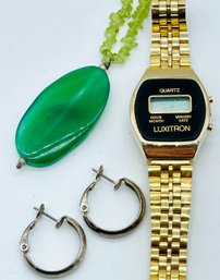 Vintage Ladies Watch-luxitron Goldtone, Untested. Clip Silvertone Hoops. Green Gemstone & Beads Necklace