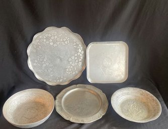 Pewter 2 Bowls 10 Each, 3 Pewter Trays 12 And 14.5,  10.5