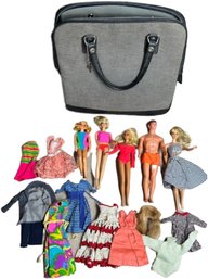 5 Dolls With Dresses And Shirts 12' And A Blue Handbag