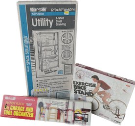 Steel Utility Shelf 12Dx30Wx60H (in Box), Handy Rack 6ft Garage And Tool Organizer, And Exercise Bike Stand