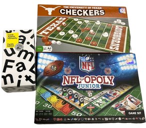 Unopened Texas Checkers, Cards Against Humanity & Junior NFL-Opoly