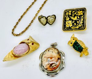 Gold Tone Chain, Pins & Pendants With Gemstones, Black/gold Tone Etched Pin, Locket 'S' Initial