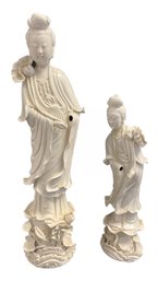 Blanc De Chine Style Porcelain Statues-  Show Cracks And Repairs 18 & 13in Tall