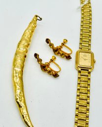 Goldtone Pepper Pendant, Vintage Goldtone Ladies Watch Seiko, Coppertone  Gemstone Clip Earrings