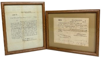 Framed Certification Receipt Treasury Department Missouri 1845 & House Of Representatives Of St. Charles 1824