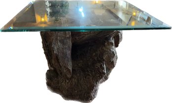 Artificial Rock End Table With Glass Top- Some Small Chips In Base (pictured). 24x24x19