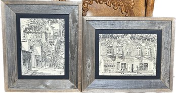 Black And White Building Sketches In Rough Barnwood Frames, 18x15 Each