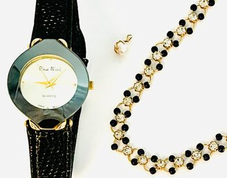 Vintage Ladies Watch-Pierre  Nicole, Black/goldtone. Pearl Pendant. Goldtone Black Bead/gemstone Necklace