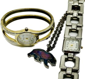 Vintage Ladies Watches, Untested - Japona, Cherish. Bear Gemstone Pendant On Silvertone Chain.