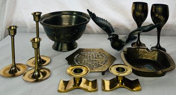 Brass Collection Including Bird And Bird-themed Bowl And Solid Brass Goblets From India
