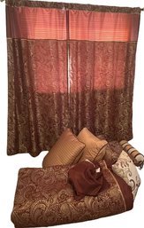 Burgundy And Metallic Bedroom Pillows, Full Size Comforter, Curtains And Bed Skirt