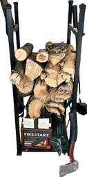 Wood Fireplace Storage & Accessory Rack. Includes Some Wood & Fire Starters. 32x14x13