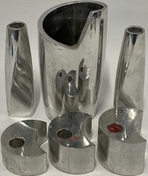 1998 Nambe Silver Tone Metal Alloy, Set Of 3 Crescent Moon Candle Holders, 2 Twist Candlesticks And More