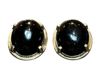 Pair Of 14 Karat Yellow Gold And Black Jade (nephrite) Clip-on Earrings