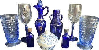 Vintage Avon Cruet Cobalt Blue. Made In England Churchill Jar. Glasses. Stemware. Medicine Bottles.