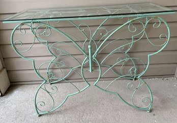 Metal Butterfly Side Table With Glass Top, 38x14.5x28H