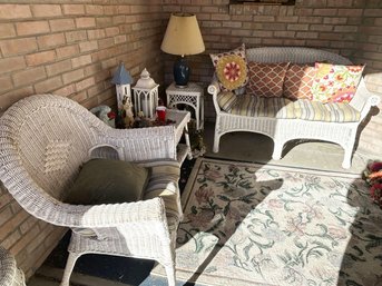 White Wicker, Patio Set, Cushions, Table, Lamp, Accessories On The Table,