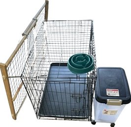 Dog Crate, Gate, Slow Feeder Bowl And Poor Food Container, Large Crate 35x22x25H