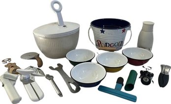 Miscellaneous Kitchen Items: Popcorn Bucket, Utensils, Salad Spinner & Vegetable Chopper