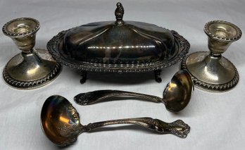 Pair Of Rogers Sterling Candle Holders, Community Silver Triple Plus Ladle, Silver Plated Butter Dish, & More