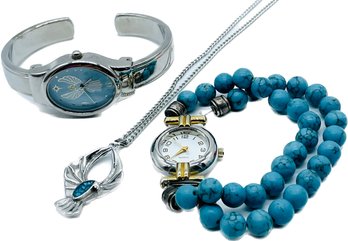 Ladies Watches Silvertones - Angel, Turquoise Beads, Pendant With Turquoise, Chain, Untested