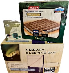 Niagara Sleeping Bag, Coleman Blow-up Double Mattress, Northwest Territory Battery Operated Pump