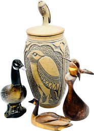 Engraved Bird Pottery Jug, Wood Bird Carvings, Glass Avon Bird Container