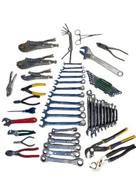 Assortment Of Hand Tools Including Vise Grips Ratchet Wrenches, Pliers, Allen Keys, Crescent Wrenches And More