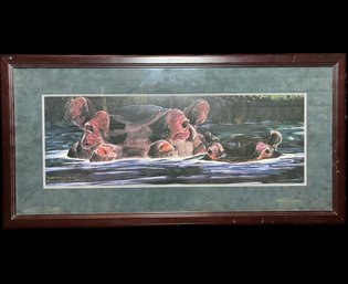 Framed Watercolor Painting Of Hippos By Krucke (35in X 18in)
