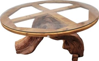 Unique Badlands Wood Glass Top Table- 37x37x20.5, Glass Does Not Sit Perfectly On Frame