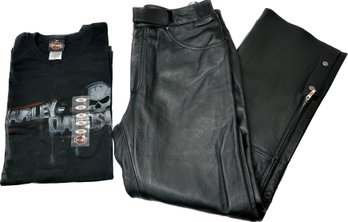 Power Trip Leather Riding Pants Size 38 And New Harley Davidson Shirt Size XL