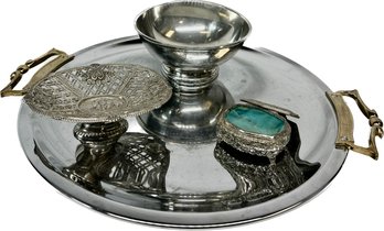 Stieff Pewter Bowl, Metal Jewelry Box, Floral Soap Holder, And Kromex Platter