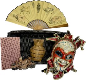 Basket With Decorative Face Mask, Woven Basket, Oriental Folding Fan, Book Of Love Poems, Carved Stone Decor