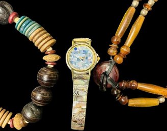 Wood Bead Necklaces. Faux Stone Watch. Watch Is Untested.