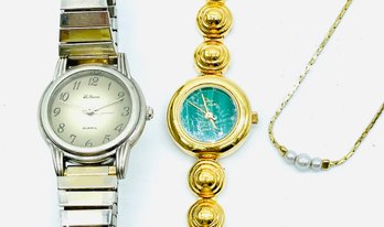 Vintage Ladies Watches, Untested-Oscar, De La Renta, Le Baron. Goldtone And Tiny Pearl Necklace