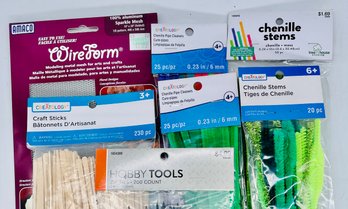 Craft Supplies. Unopened Packages, Zip Ties, Craft Sticks, Wire, Form, Pipe Cleaners.