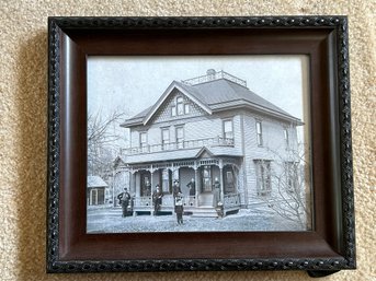 Framed Photo Of Turn Of The Century House With Folks Outside- 13x1x11