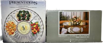 Kemp & Beatley Mirror Three Piece Centerpiece Set And Presentations Crystal Collection Condiment Platter.