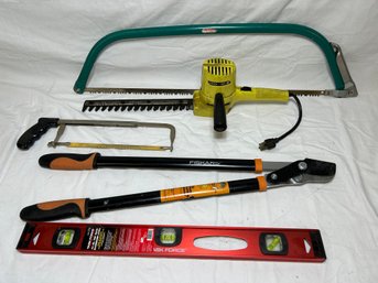 Yard Trimming Tools- Saws (14in &33in), Toastmaster Corded Trimmer, Fiskars Loppers, And 24in Level