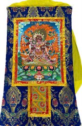 Six Armed Mahakela With Consort Thangka Painting, Silk Framed - 53L X 31W