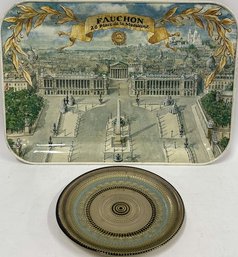 Vintage Tray Of Fauchon 26 Place De La Madeleine And Art Off The Table Ardacam Teal  Glass Plate, Gold In Back